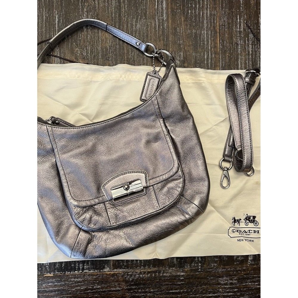 Coach Purse Silver Leather Medium Size Crossbody Shoulder Bag